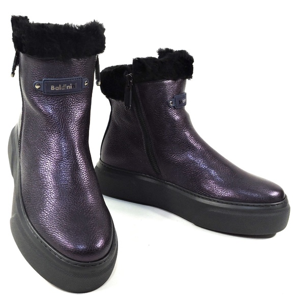 BALDININI 🇮🇹 WOMEN'S PURPLE  LEATHER COMFORT WINTER ANKLE BOOTIE - Picture 1 of 8